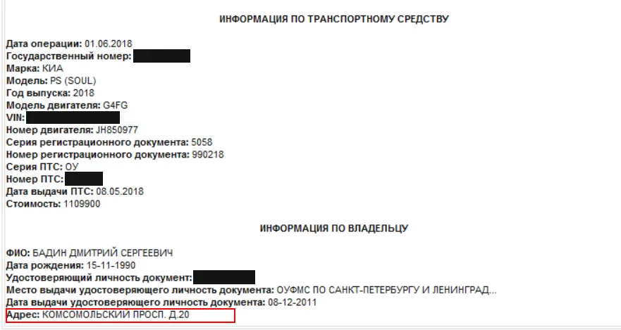Badin’s vehicle registration showing Komsomolsky Prospekt 20 address.