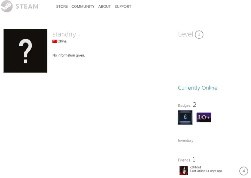 Steam profile showing c0hb1rd with single friend standny.